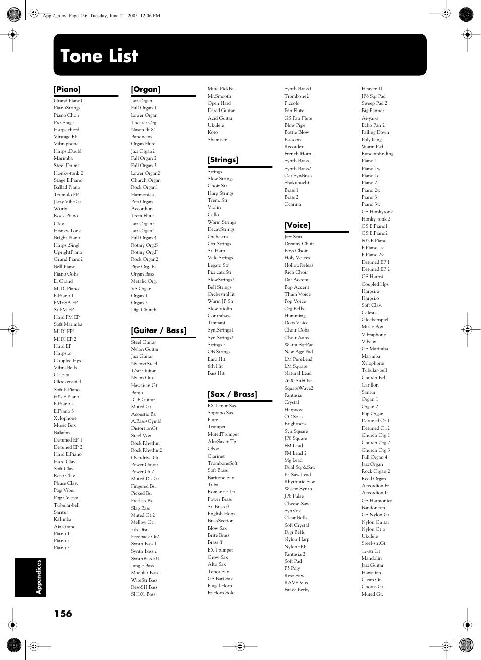Tone list, Piano, Organ | Guitar / bass, Strings, Sax / brass, Voice | Roland KR105 User Manual | Page 156 / 176