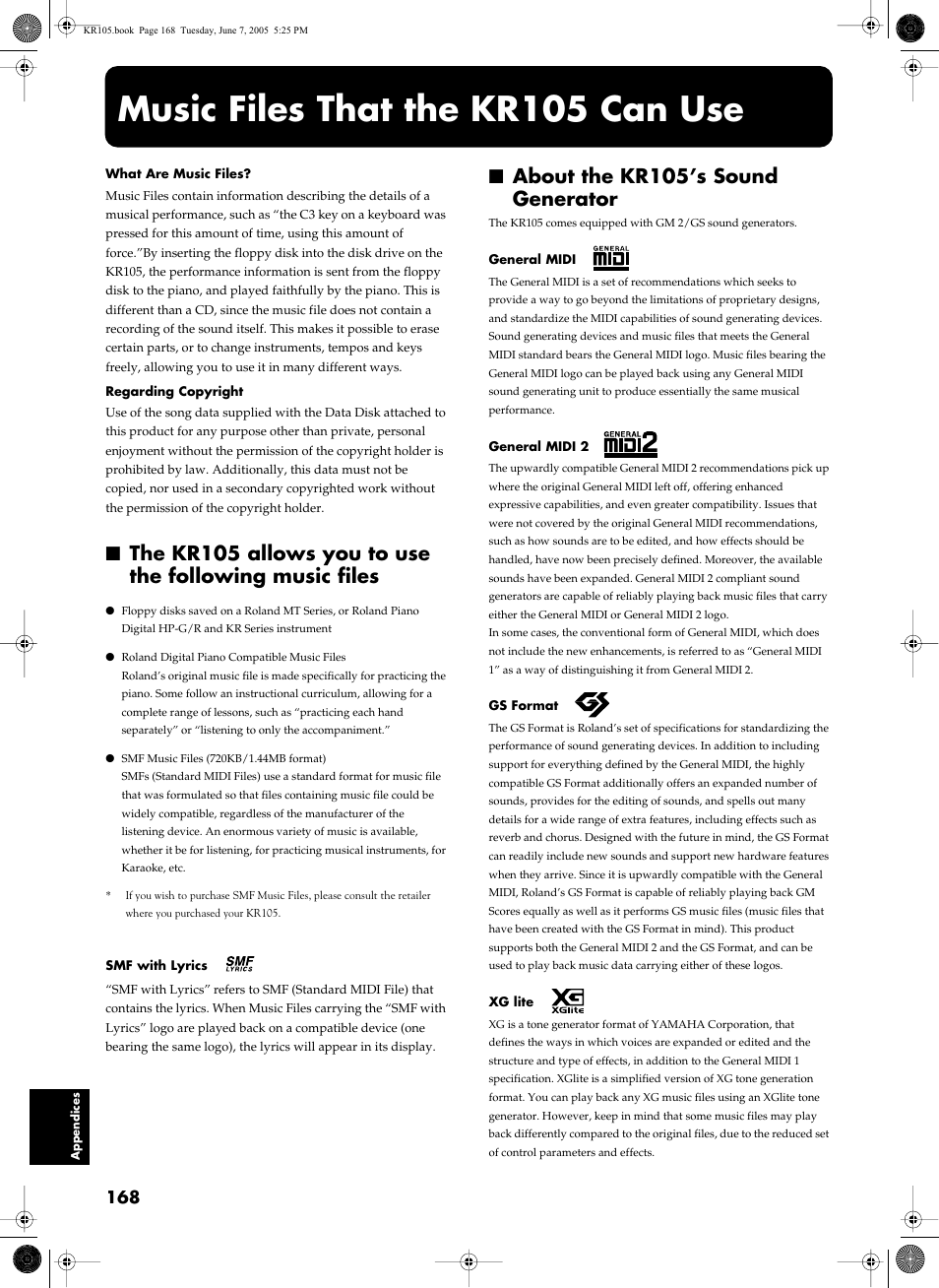 Music files that the kr105 can use, About the kr105’s sound generator, To “music files that the kr105 can use” (p. 168) | Roland KR105 User Manual | Page 168 / 176