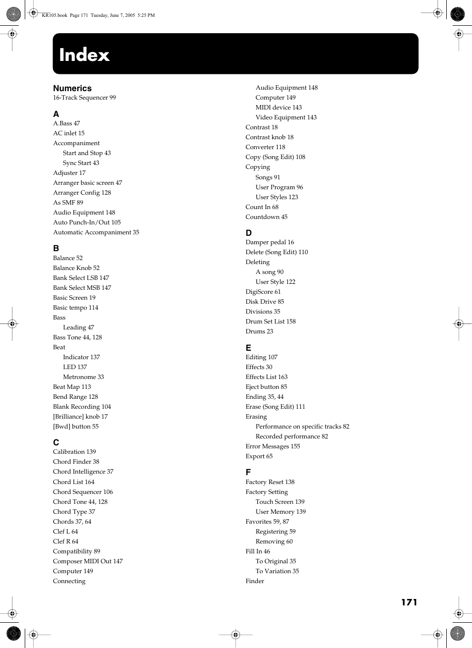 Index, Numerics | Roland KR105 User Manual | Page 171 / 176