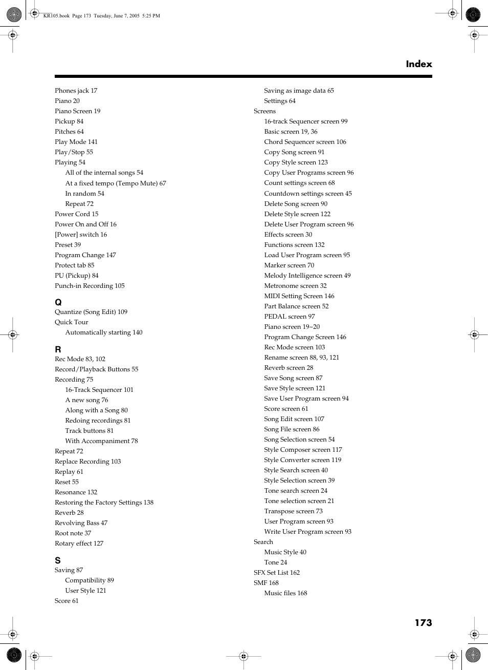 173 index | Roland KR105 User Manual | Page 173 / 176