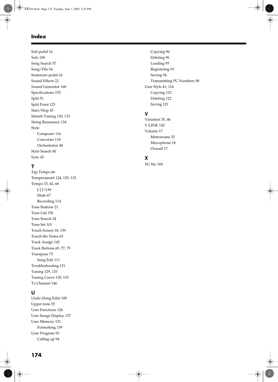 174 index | Roland KR105 User Manual | Page 174 / 176