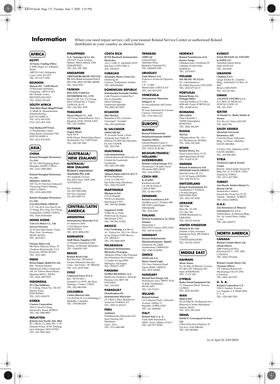 Information | Roland KR105 User Manual | Page 175 / 176