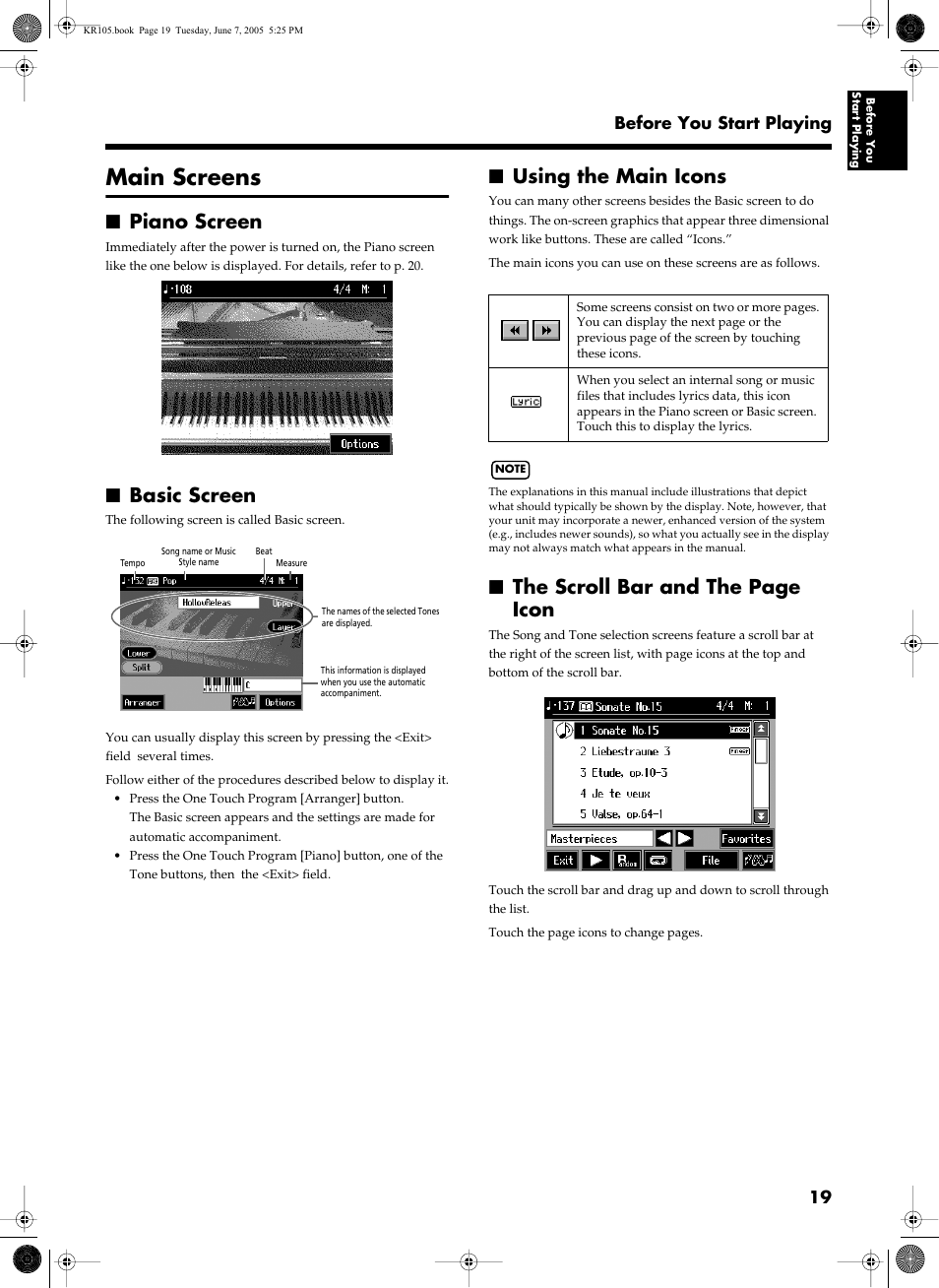 Main screens, Piano screen, Basic screen | Using the main icons, The scroll bar and the page icon, 19 before you start playing | Roland KR105 User Manual | Page 19 / 176