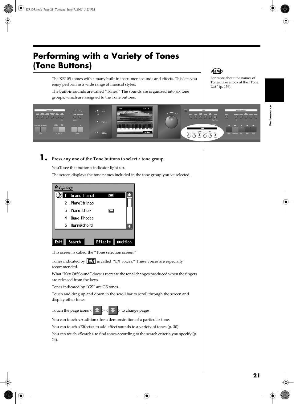 Performing with a variety of tones (tone buttons), P. 21) | Roland KR105 User Manual | Page 21 / 176