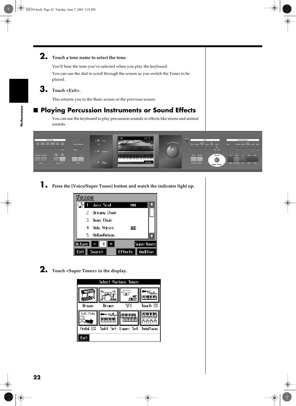 Playing percussion instruments or sound effects | Roland KR105 User Manual | Page 22 / 176