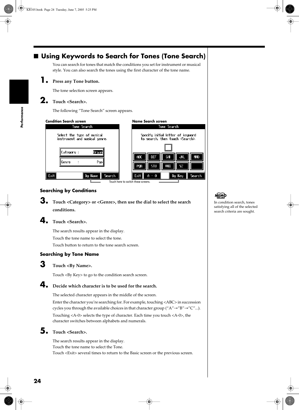 Using keywords to search for tones (tone search) | Roland KR105 User Manual | Page 24 / 176