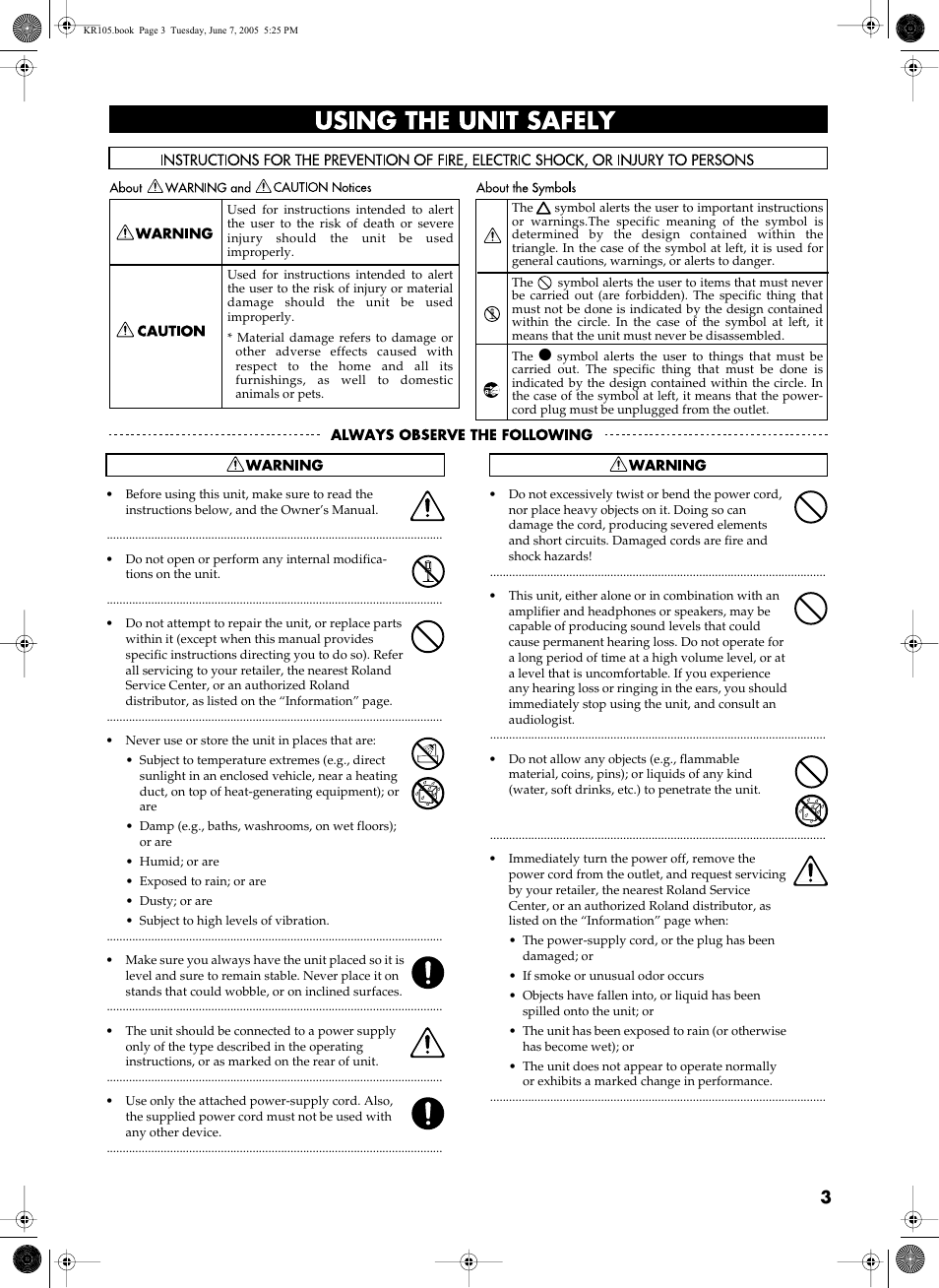 Using the unit safely | Roland KR105 User Manual | Page 3 / 176