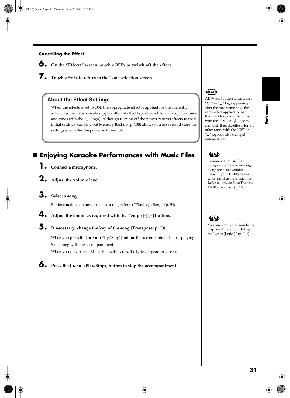 Enjoying karaoke performances with music files | Roland KR105 User Manual | Page 31 / 176