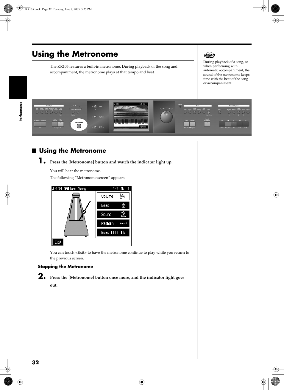 Using the metronome, Activates the built-in metronome (p. 32) | Roland KR105 User Manual | Page 32 / 176