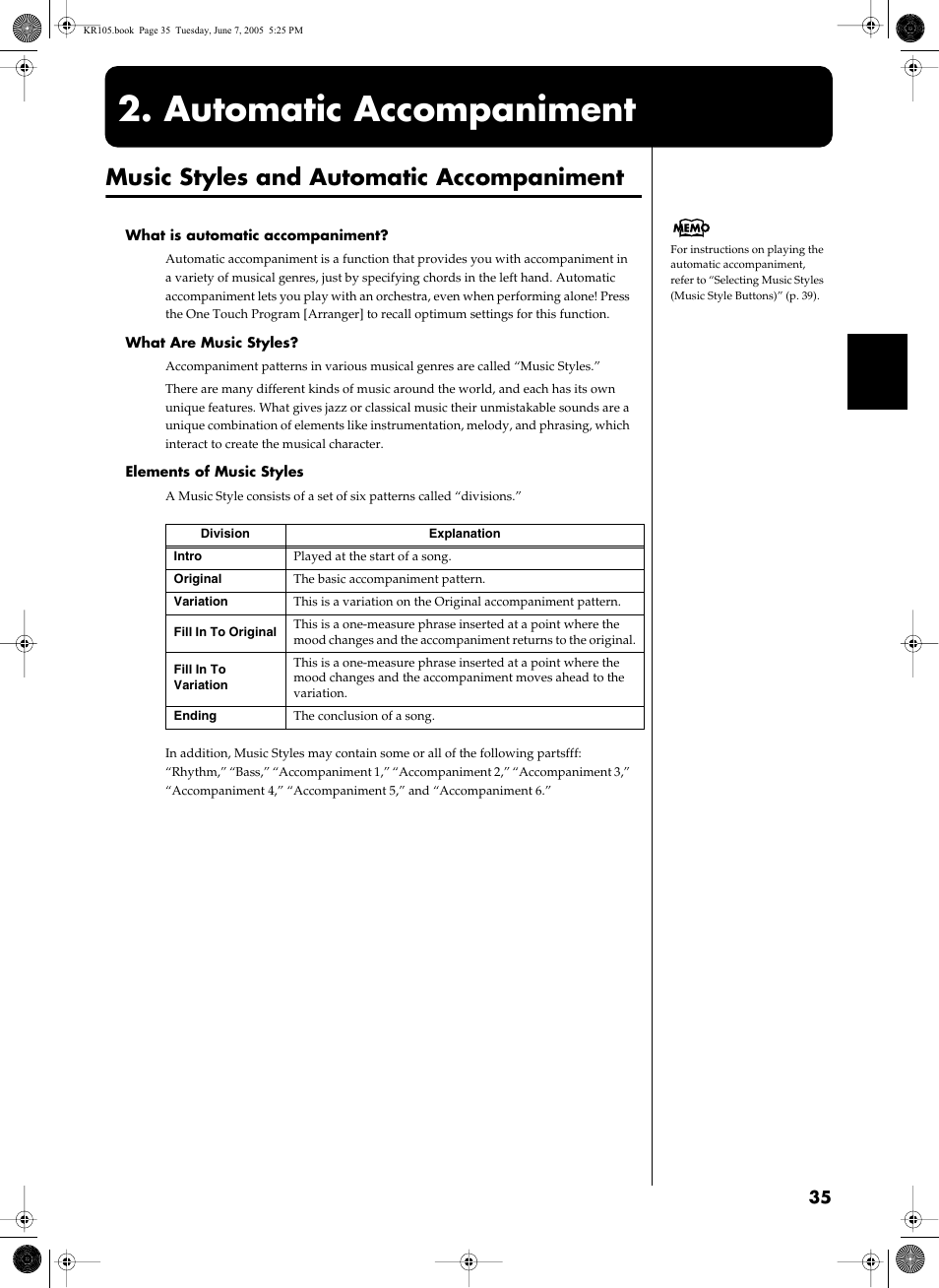 Automatic accompaniment, Music styles and automatic accompaniment | Roland KR105 User Manual | Page 35 / 176