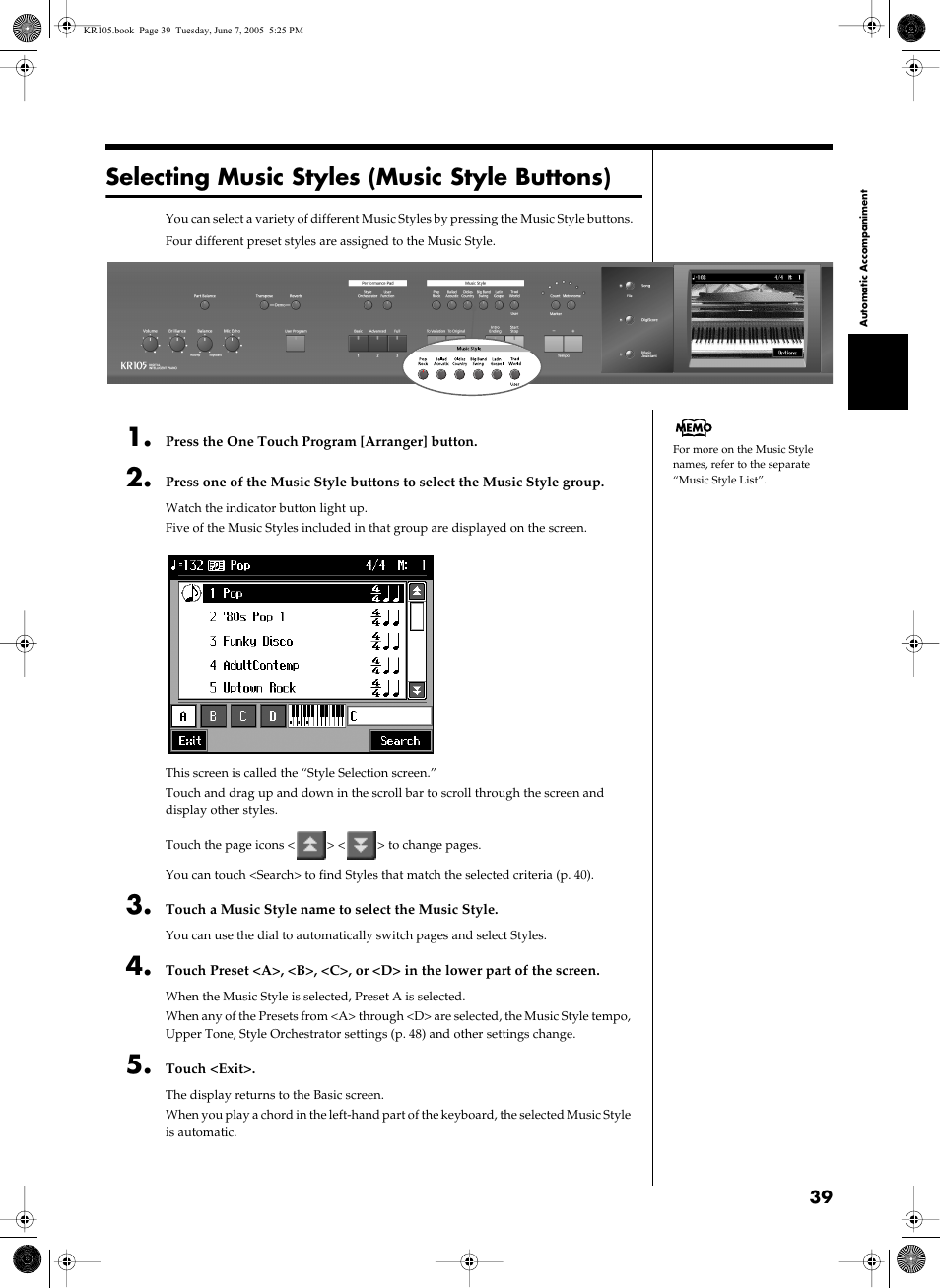 Selecting music styles (music style buttons) | Roland KR105 User Manual | Page 39 / 176