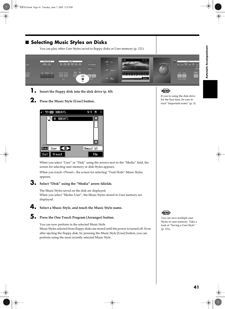 P. 41), Selecting music styles on disks | Roland KR105 User Manual | Page 41 / 176