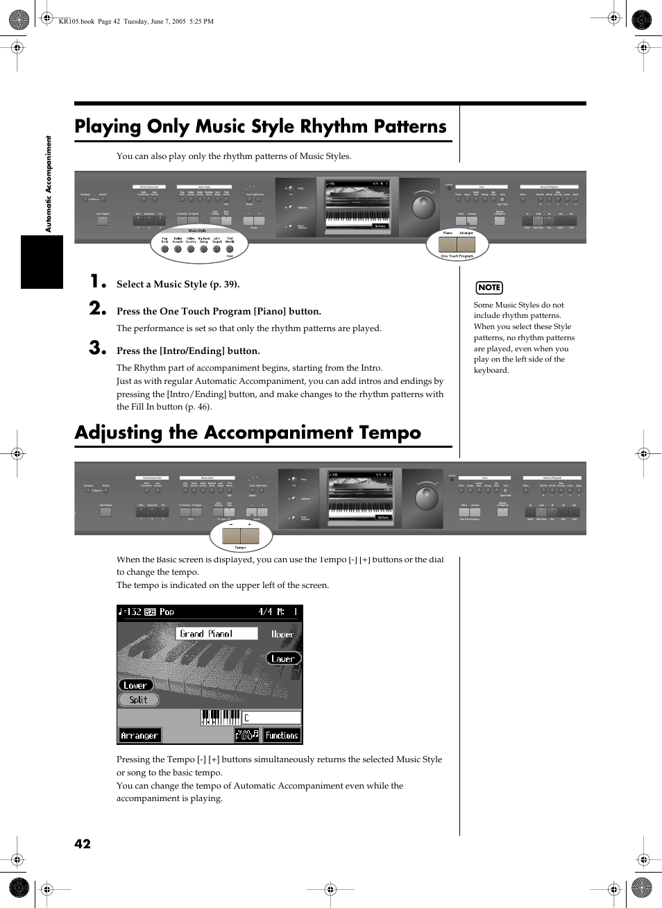 Playing only music style rhythm patterns, Adjusting the accompaniment tempo | Roland KR105 User Manual | Page 42 / 176