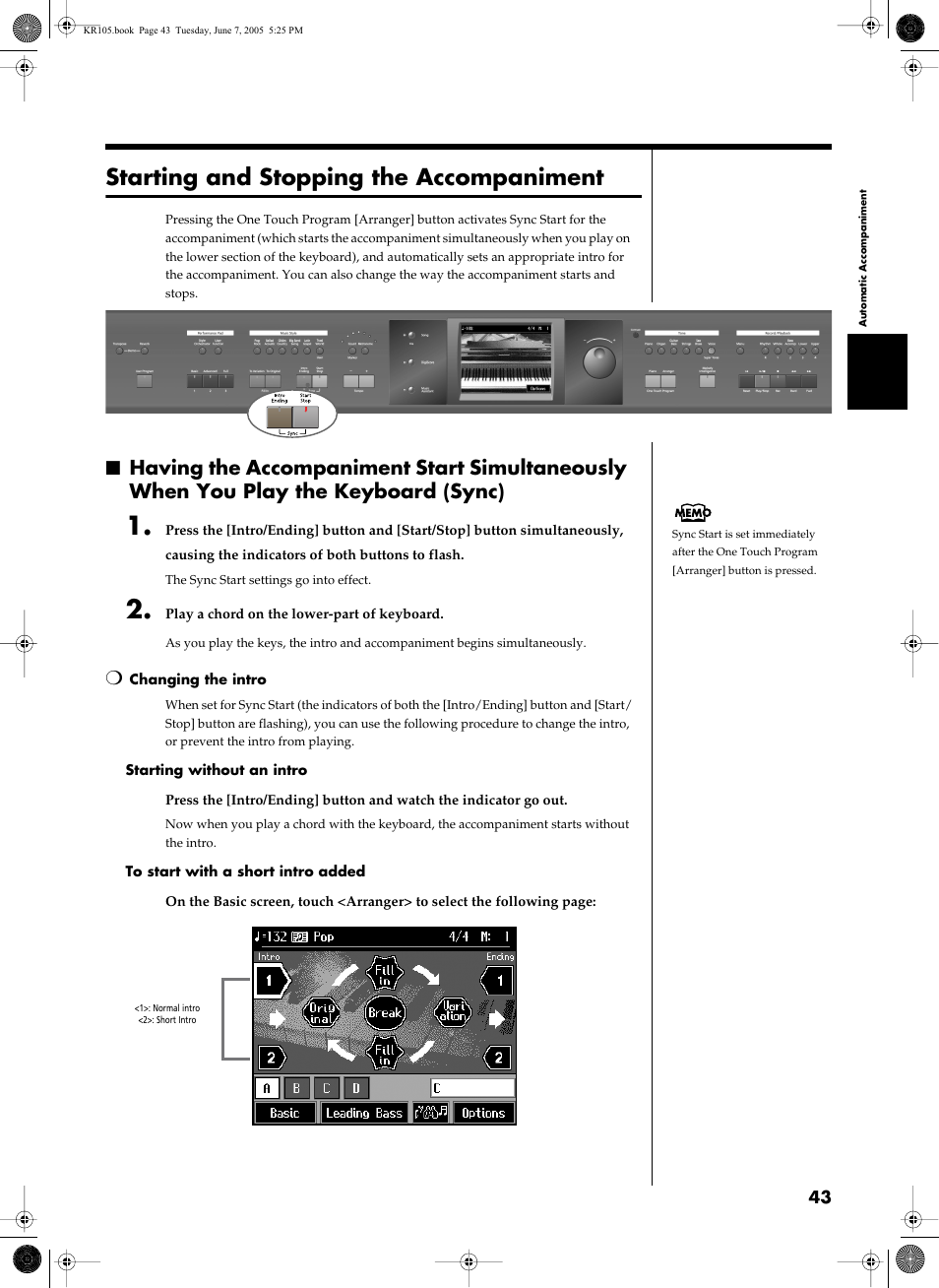 Starting and stopping the accompaniment, Accompaniment (p. 43), Starts and stops automatic accompaniment (p. 43) | Starting and stopping the accompaniment” (p. 43) | Roland KR105 User Manual | Page 43 / 176