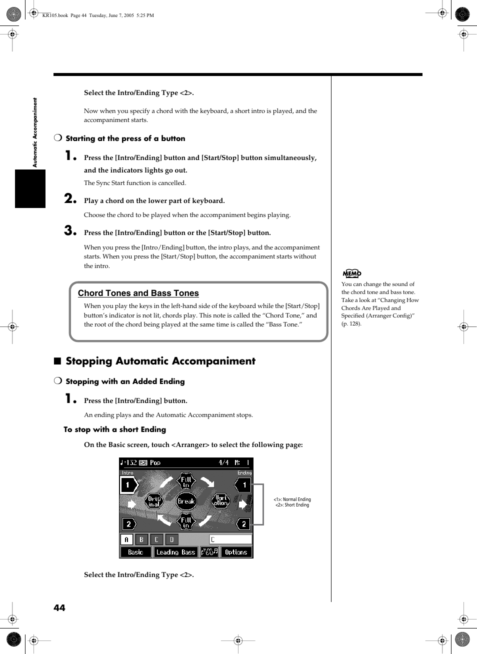 Stopping automatic accompaniment | Roland KR105 User Manual | Page 44 / 176