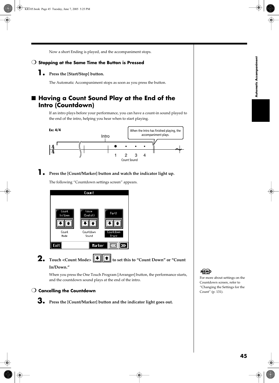 You can change the count settings (p. 45, p. 68) | Roland KR105 User Manual | Page 45 / 176