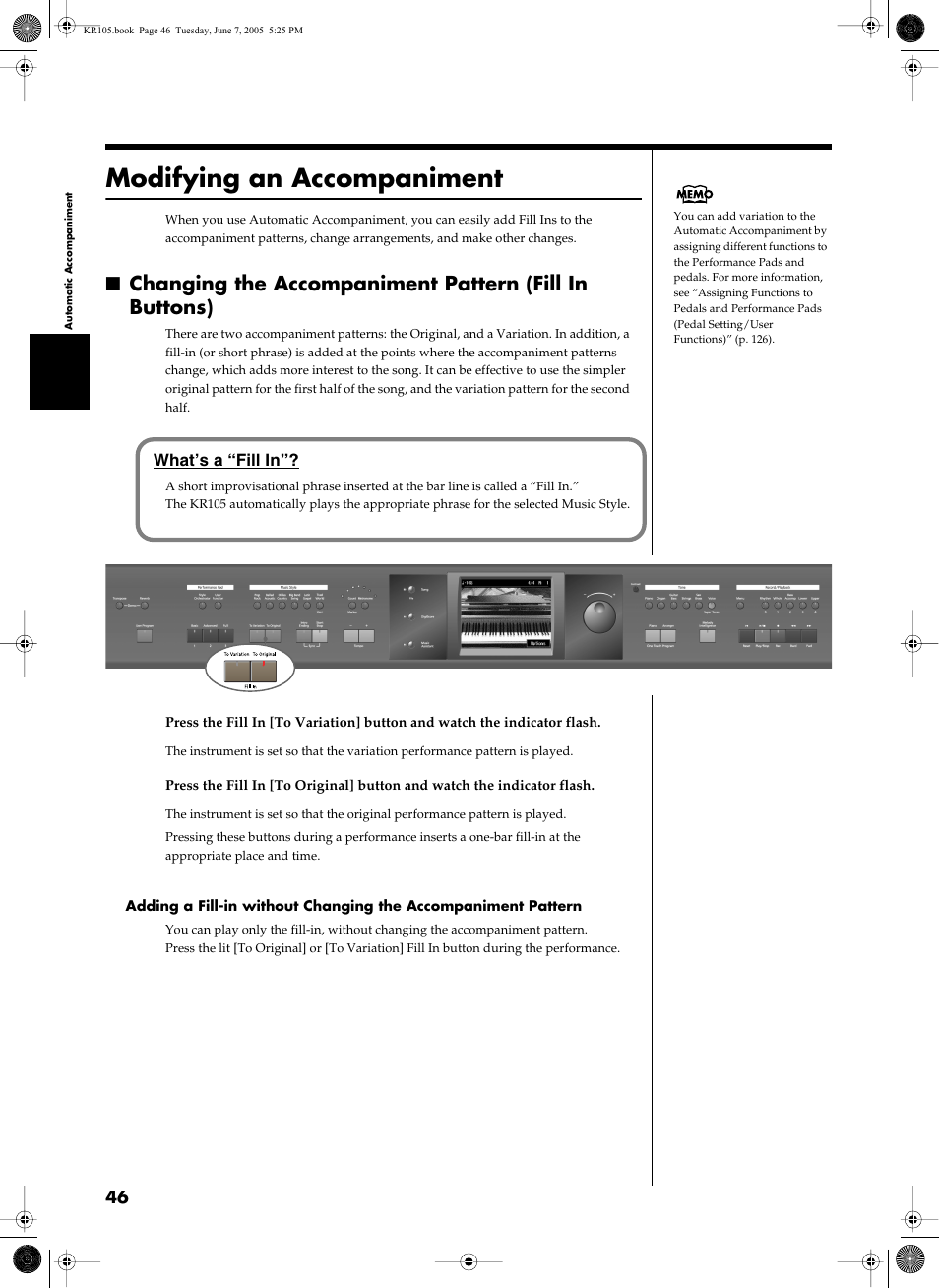 Modifying an accompaniment, P. 46), Changes the accompaniment pattern (p. 46) | Roland KR105 User Manual | Page 46 / 176