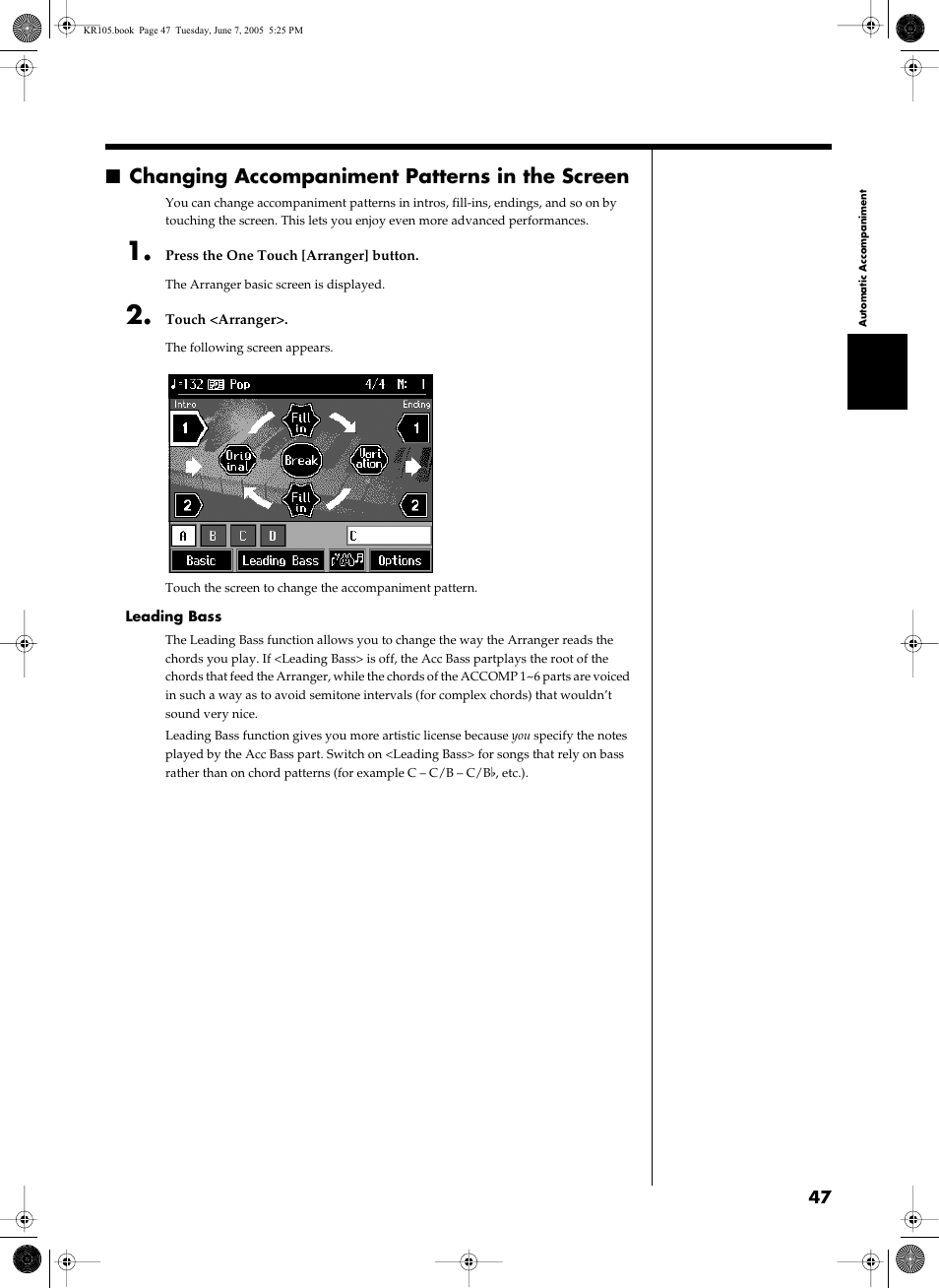 Changing accompaniment patterns in the screen | Roland KR105 User Manual | Page 47 / 176