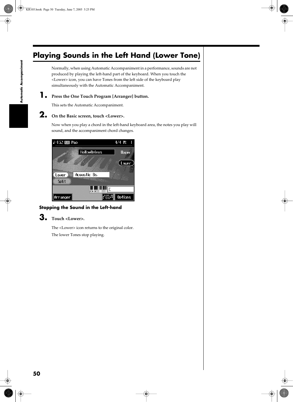 Playing sounds in the left hand (lower tone) | Roland KR105 User Manual | Page 50 / 176