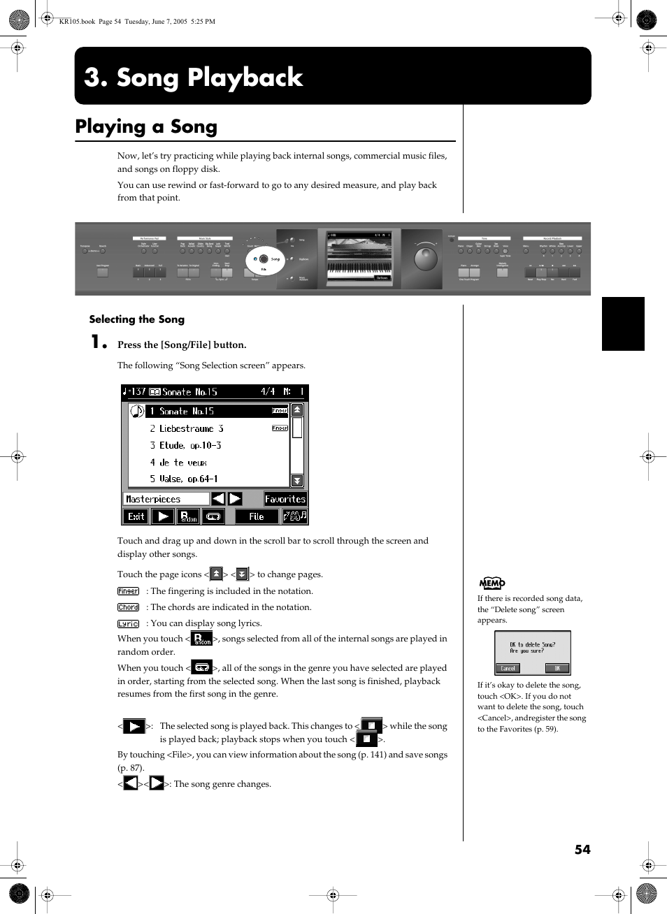 Song playback, Playing a song, Floppy disk (p. 54) | Playing a song” (p. 54) | Roland KR105 User Manual | Page 54 / 176