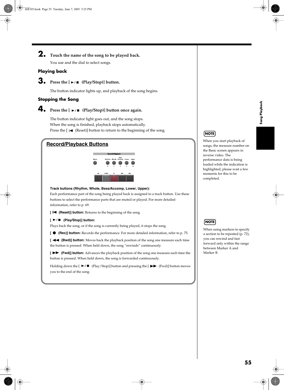 Record/playback buttons | Roland KR105 User Manual | Page 55 / 176