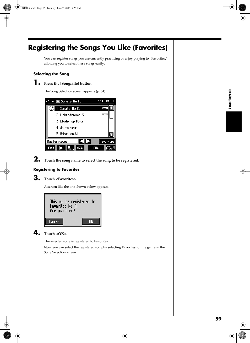 Registering the songs you like (favorites) | Roland KR105 User Manual | Page 59 / 176