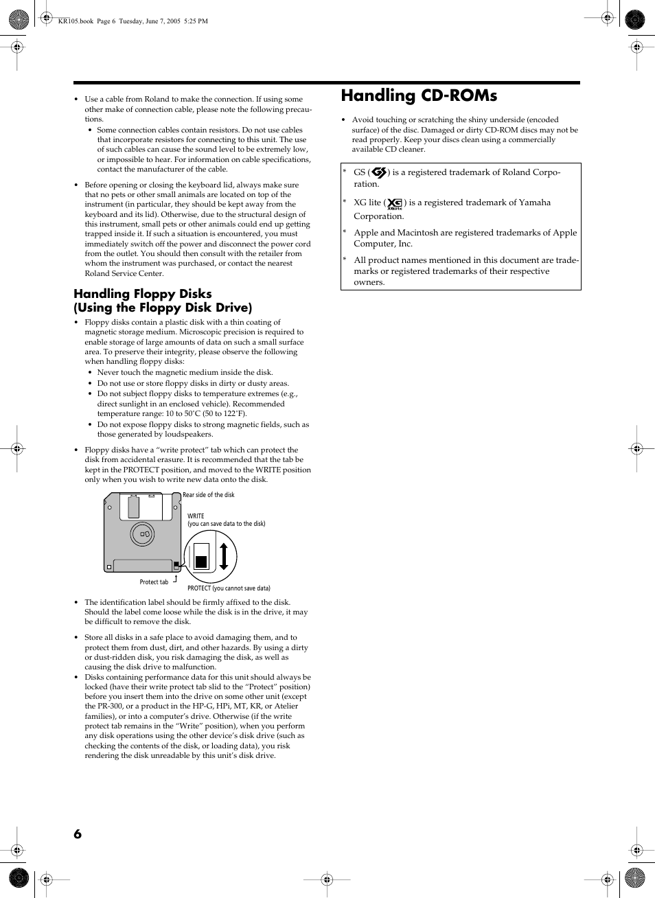 Handling cd-roms | Roland KR105 User Manual | Page 6 / 176