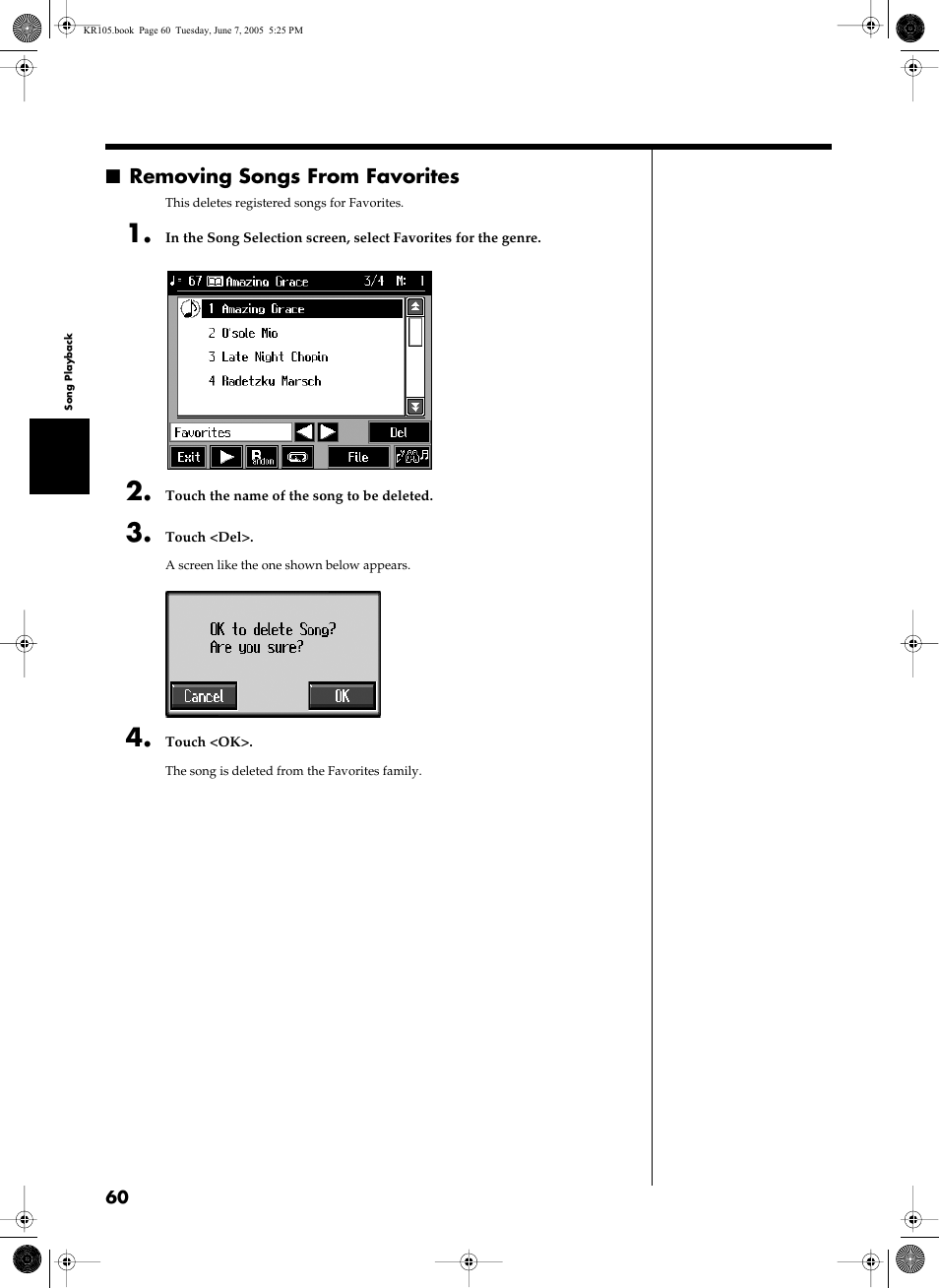 Removing songs from favorites | Roland KR105 User Manual | Page 60 / 176