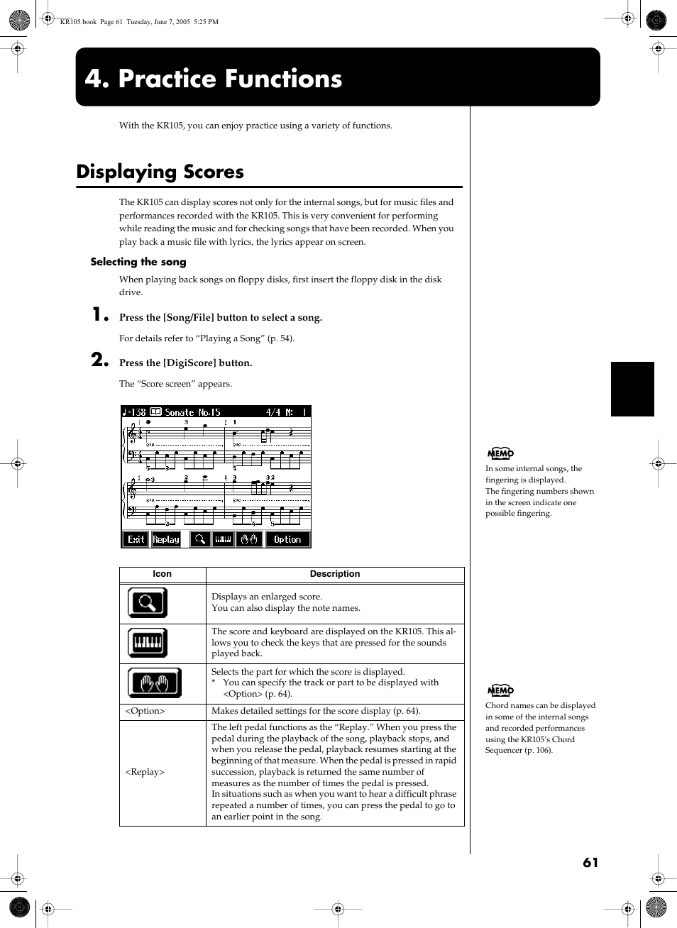 Practice functions, Displaying scores, Displays notations (p. 61) | Roland KR105 User Manual | Page 61 / 176