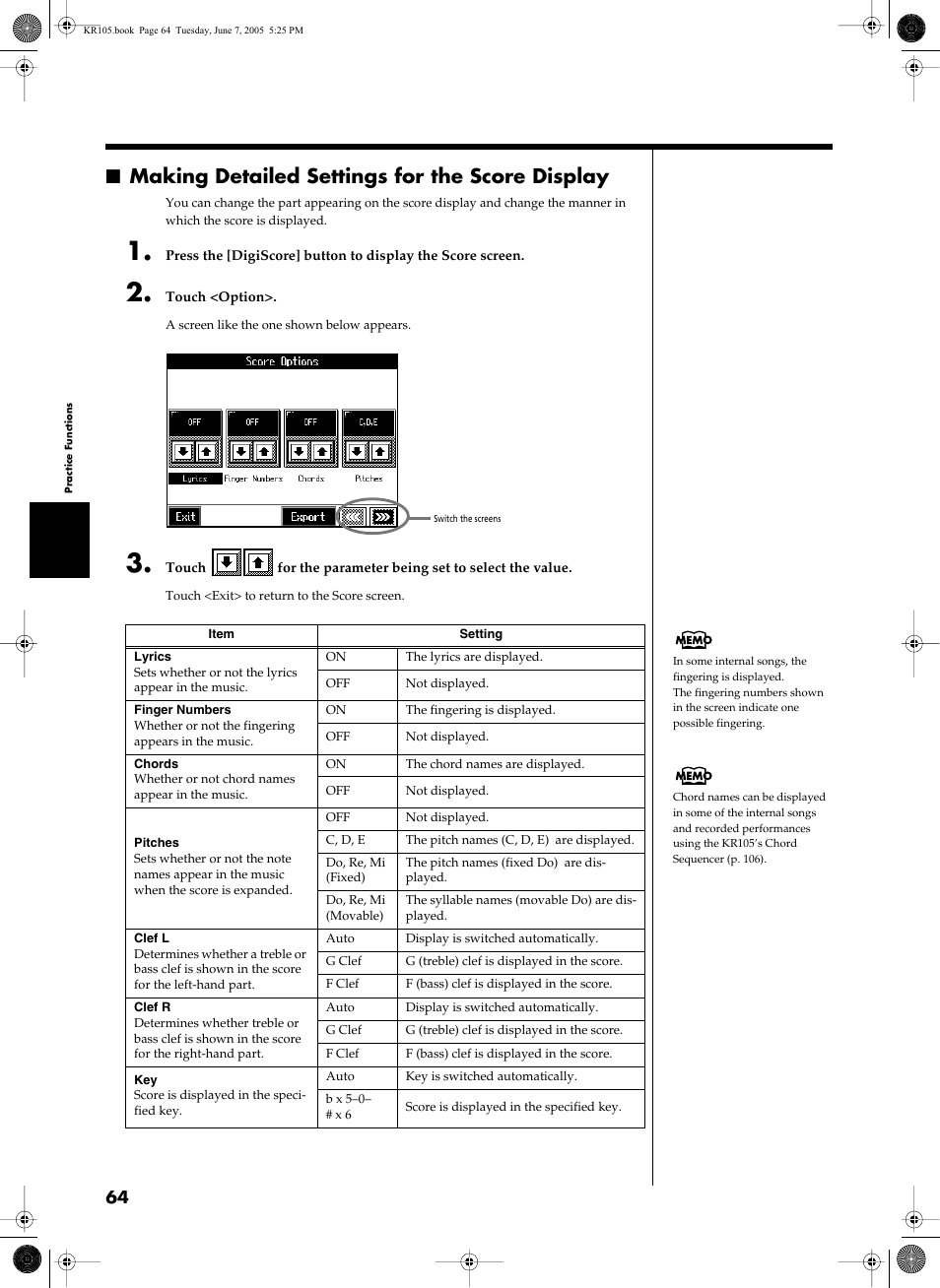 Option> (p. 64), Making detailed settings for the score display | Roland KR105 User Manual | Page 64 / 176