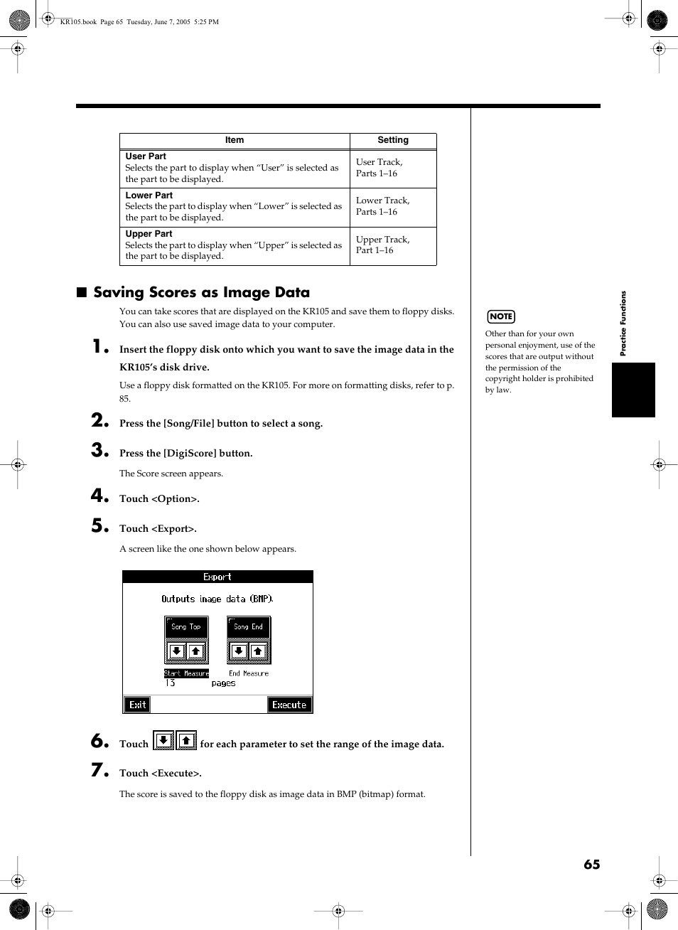 Saving scores as image data | Roland KR105 User Manual | Page 65 / 176