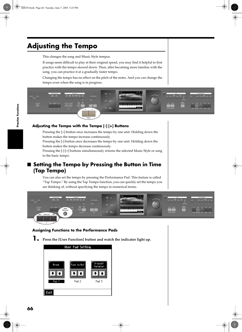 Adjusting the tempo | Roland KR105 User Manual | Page 66 / 176