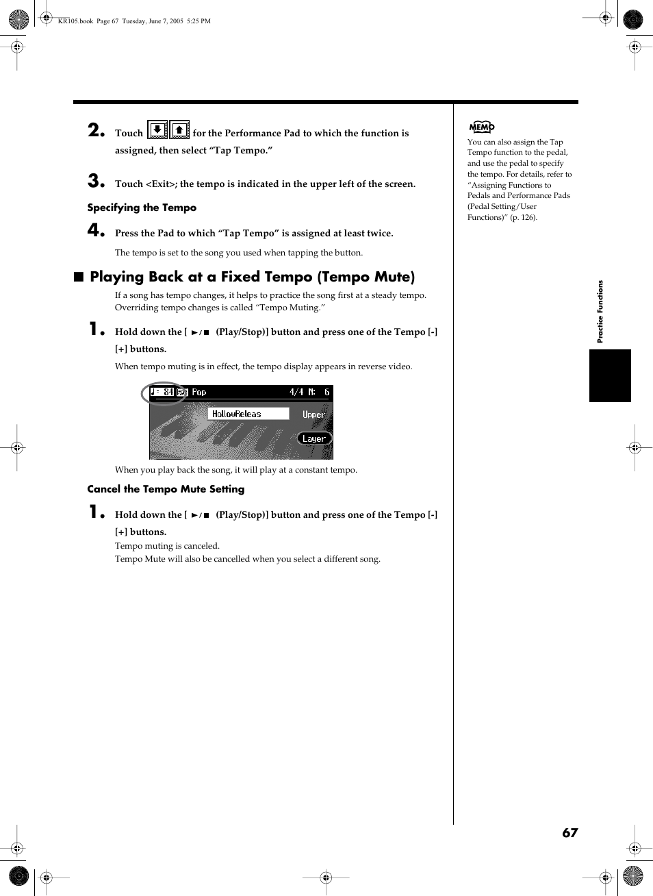 Playing back at a fixed tempo (tempo mute) | Roland KR105 User Manual | Page 67 / 176