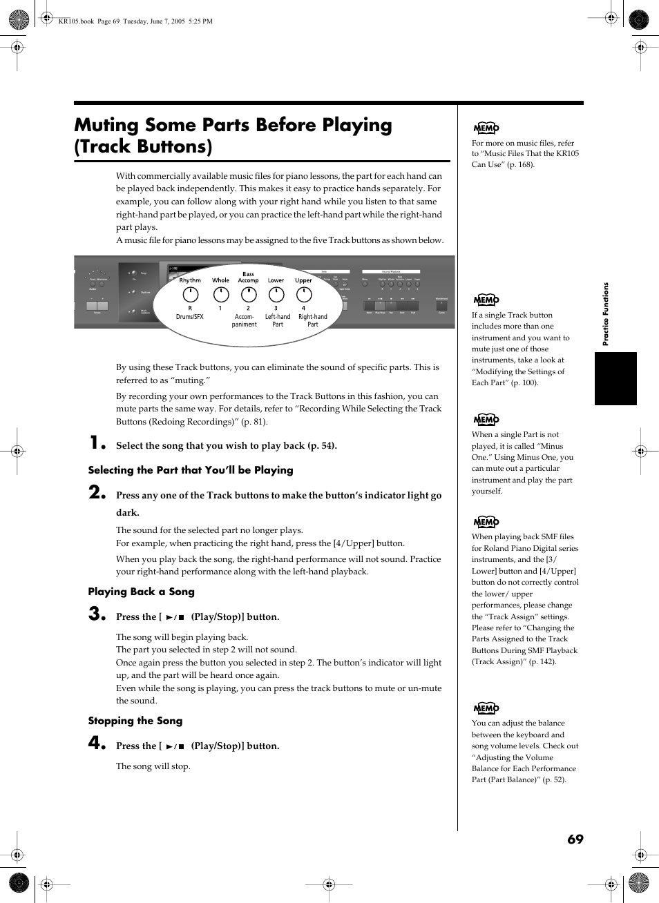 Muting some parts before playing (track buttons) | Roland KR105 User Manual | Page 69 / 176