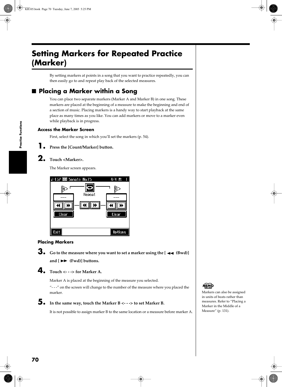 Setting markers for repeated practice (marker), Simply and easily (p. 70), Placing a marker within a song | Roland KR105 User Manual | Page 70 / 176