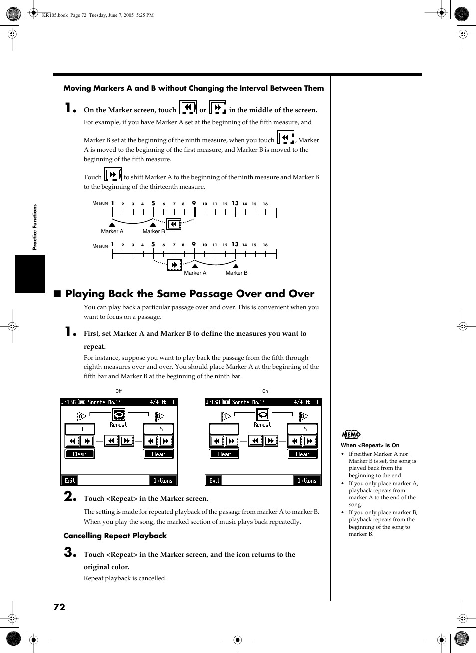 Playing back the same passage over and over | Roland KR105 User Manual | Page 72 / 176