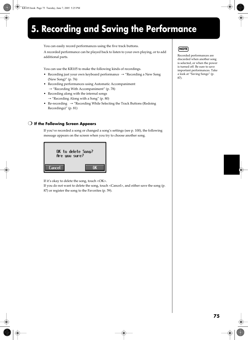 Recording and saving the performance | Roland KR105 User Manual | Page 75 / 176