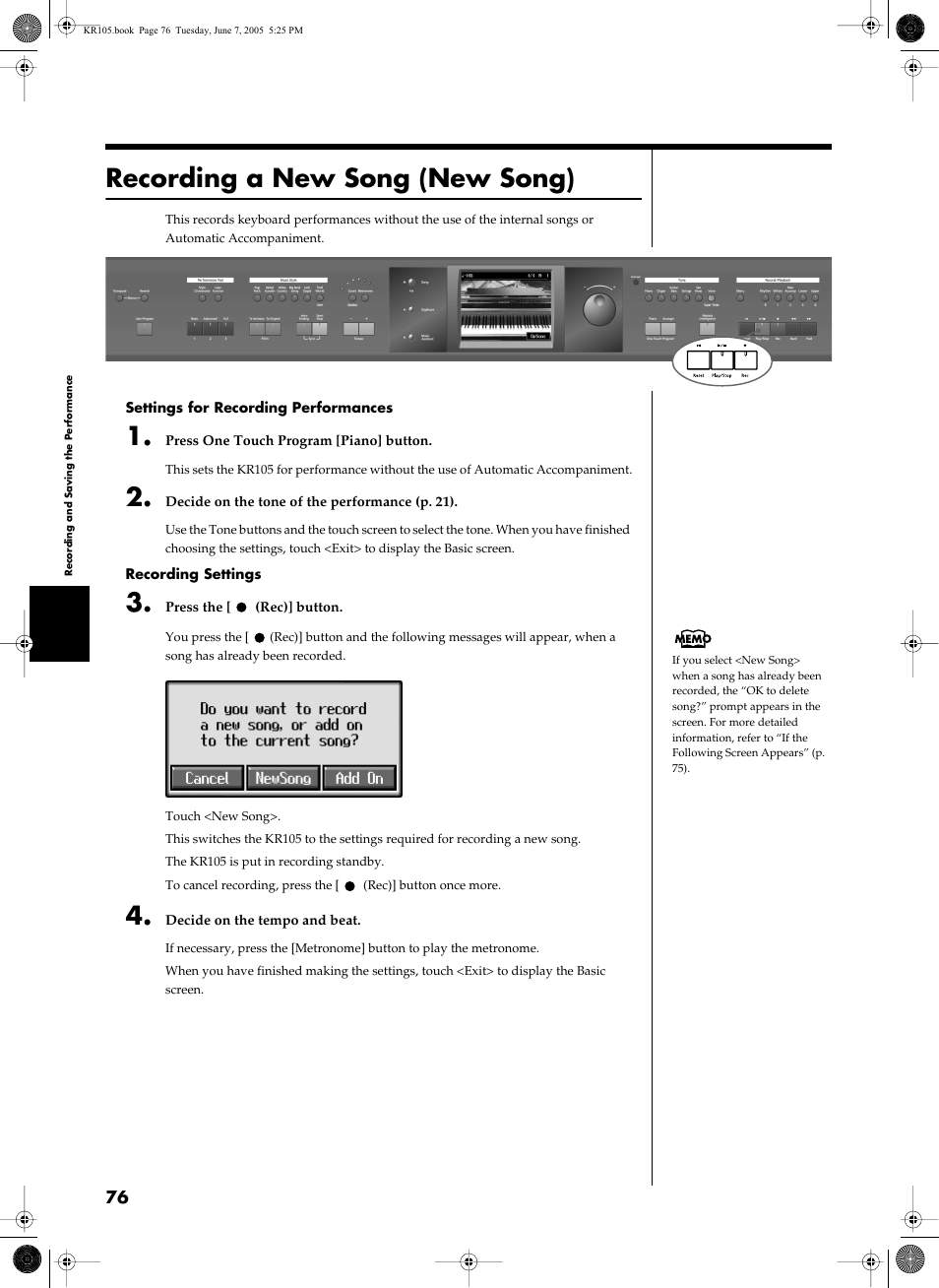 Recording a new song (new song), Recording standby (p. 76, 99), Recording a new song | New song)” (p. 76), A look at “saving songs” (p | Roland KR105 User Manual | Page 76 / 176