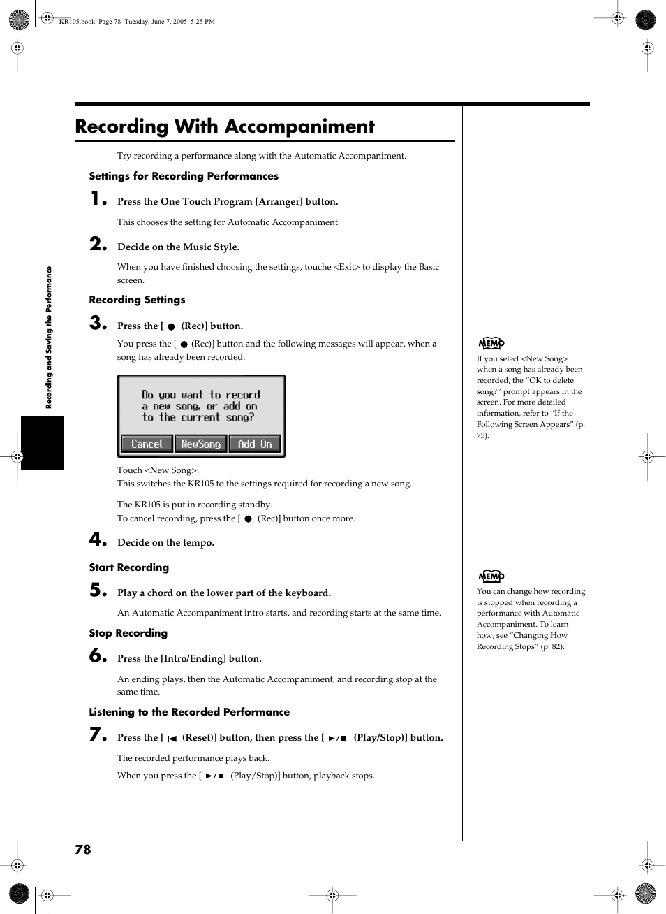 Recording with accompaniment, Recording with accompaniment” (p. 78) | Roland KR105 User Manual | Page 78 / 176