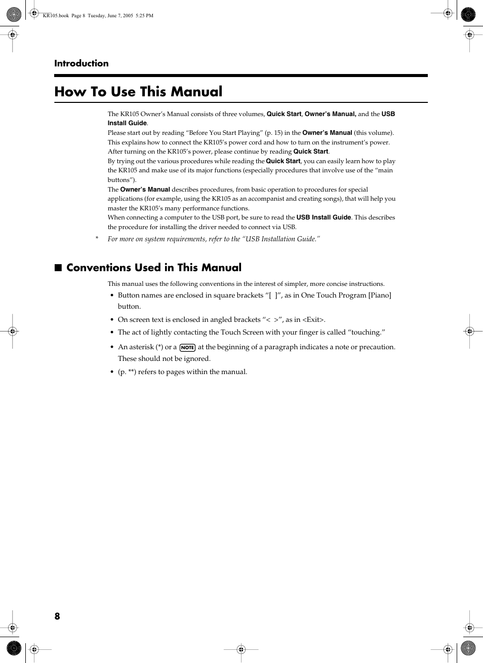 How to use this manual, Conventions used in this manual, 8 introduction | Roland KR105 User Manual | Page 8 / 176