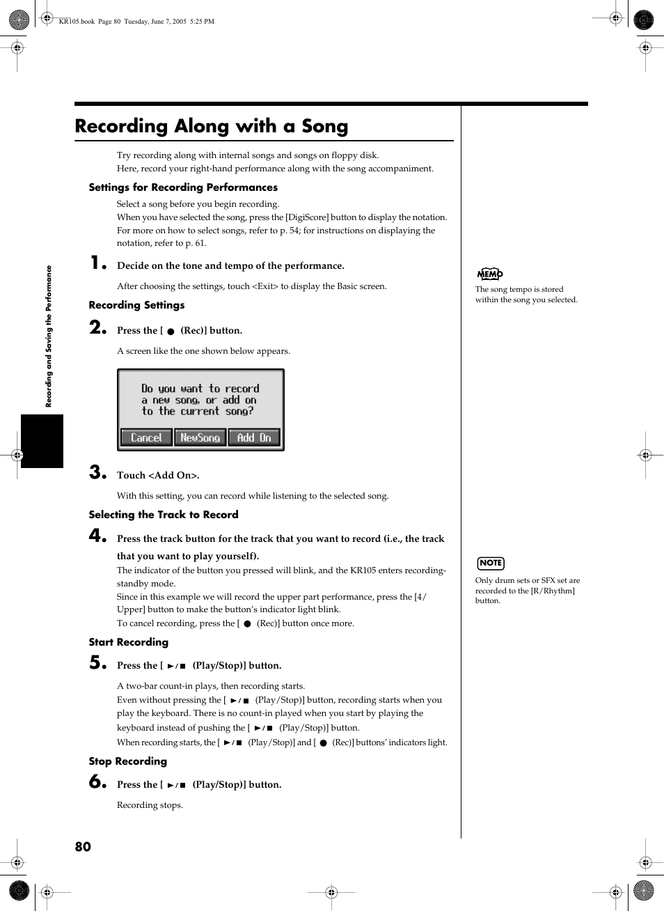 Recording along with a song, Recording along with a song” (p. 80) | Roland KR105 User Manual | Page 80 / 176