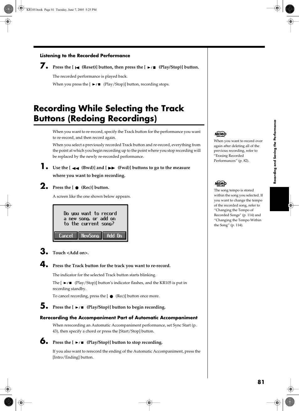 Recordings)” (p. 81) | Roland KR105 User Manual | Page 81 / 176