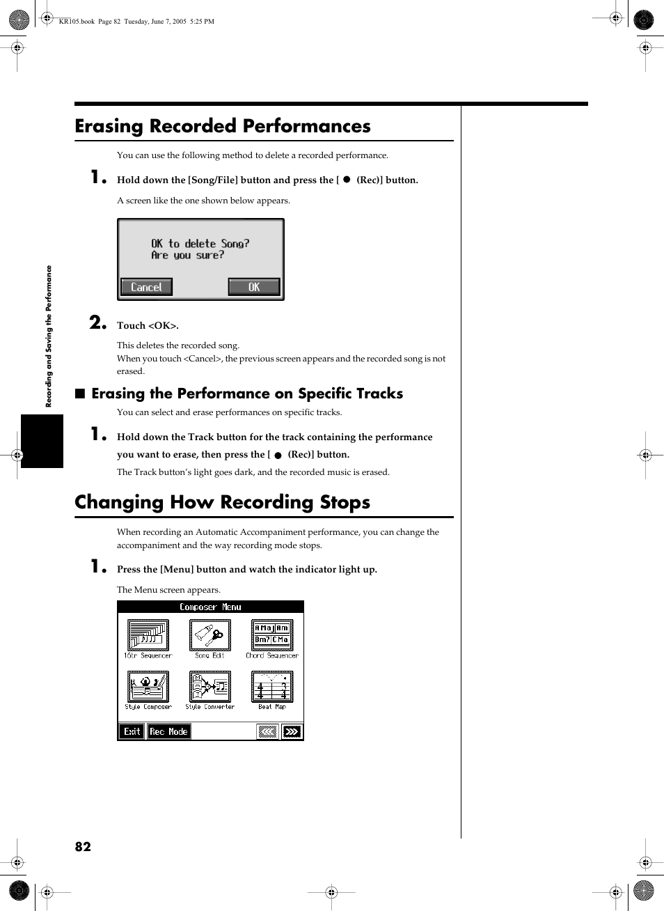 Erasing recorded performances, Changing how recording stops, Editing a song (p. 82, 99, 141) | Erasing the performance on specific tracks | Roland KR105 User Manual | Page 82 / 176