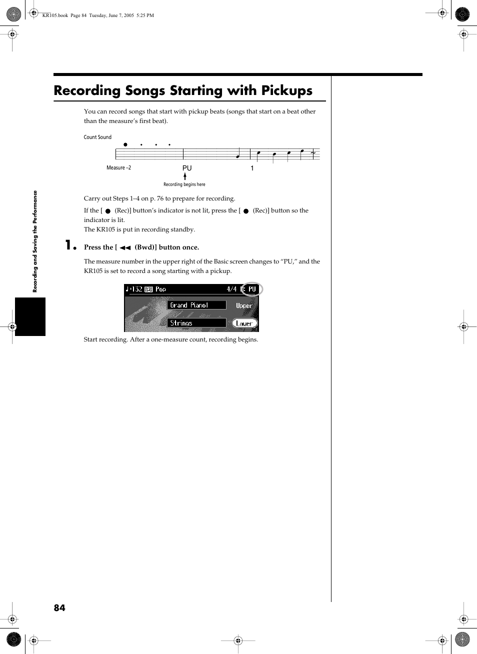 Recording songs starting with pickups | Roland KR105 User Manual | Page 84 / 176