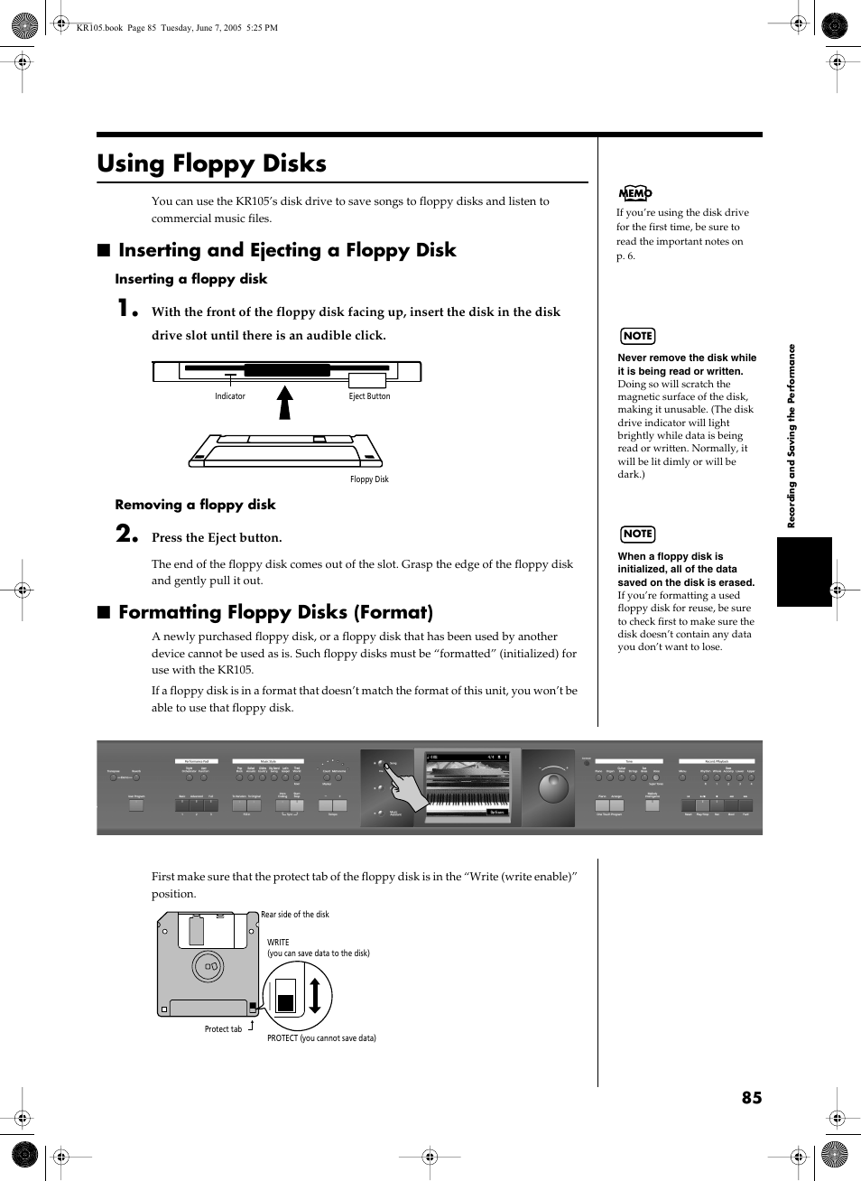 Using floppy disks, Insert the floppy disk into the disk drive (p. 85), Inserting and ejecting a floppy disk | Formatting floppy disks (format) | Roland KR105 User Manual | Page 85 / 176