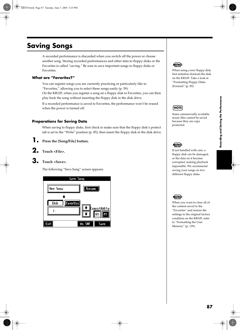Saving songs | Roland KR105 User Manual | Page 87 / 176