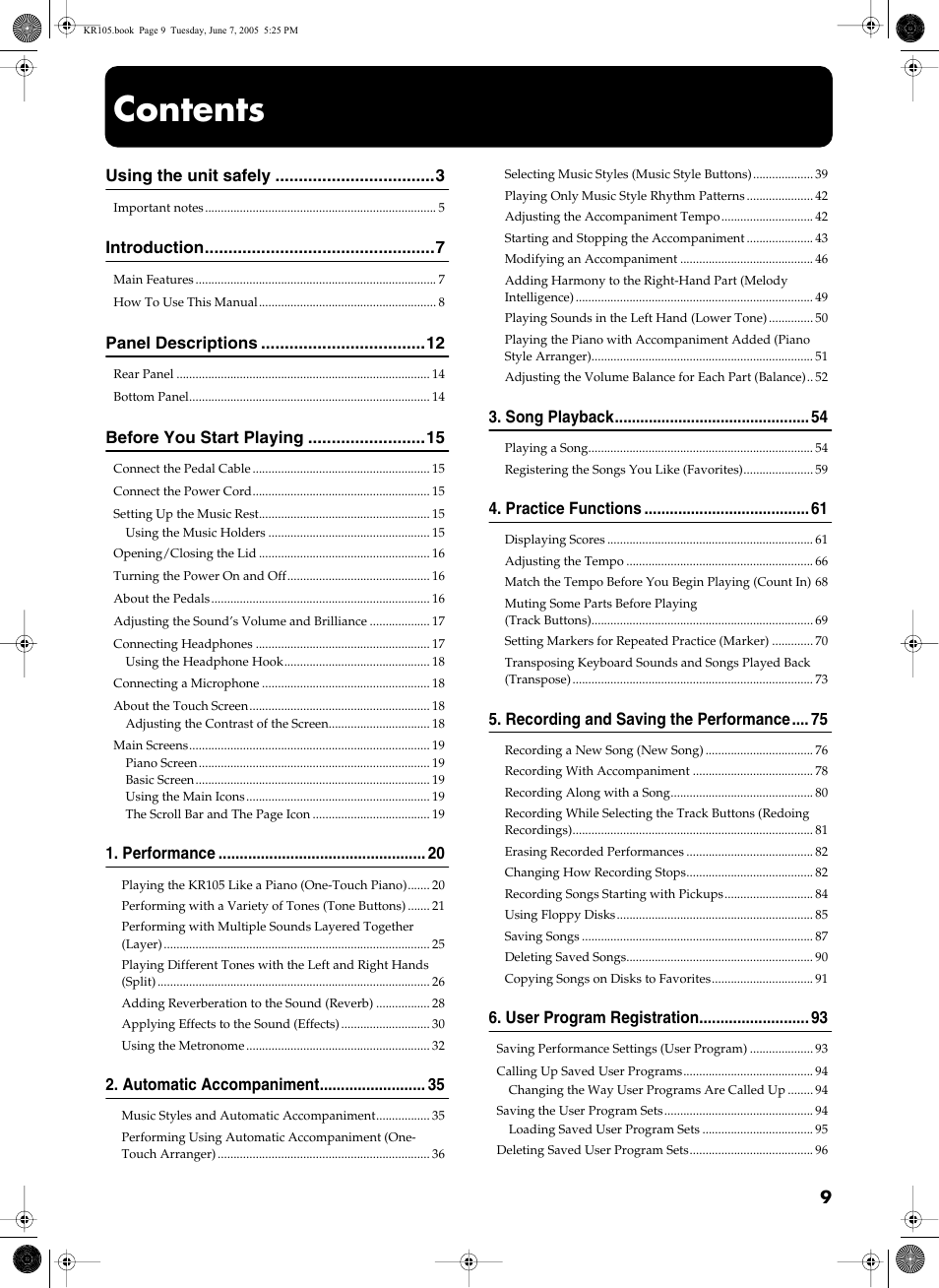 Roland KR105 User Manual | Page 9 / 176