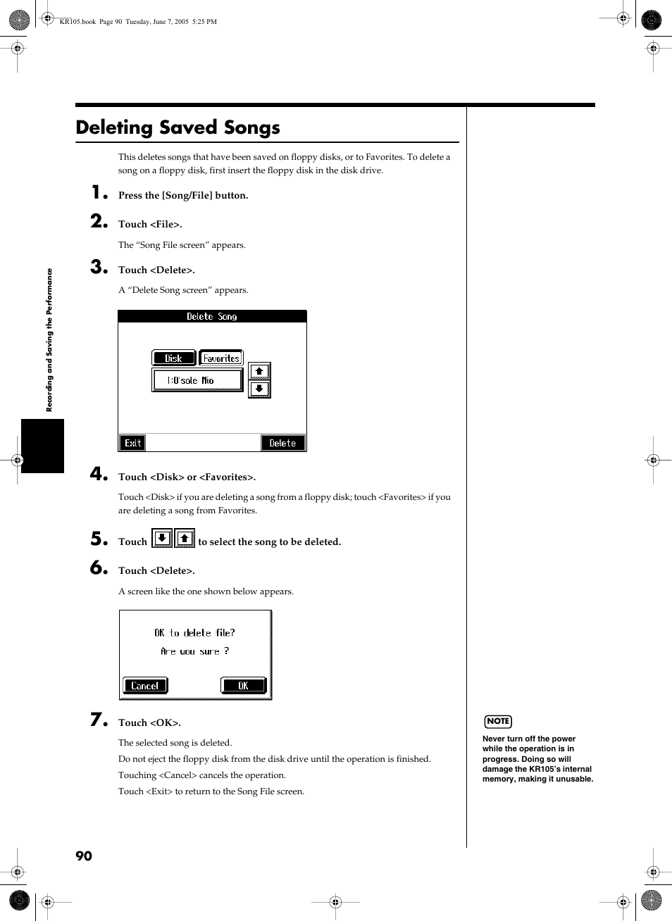 Deleting saved songs | Roland KR105 User Manual | Page 90 / 176