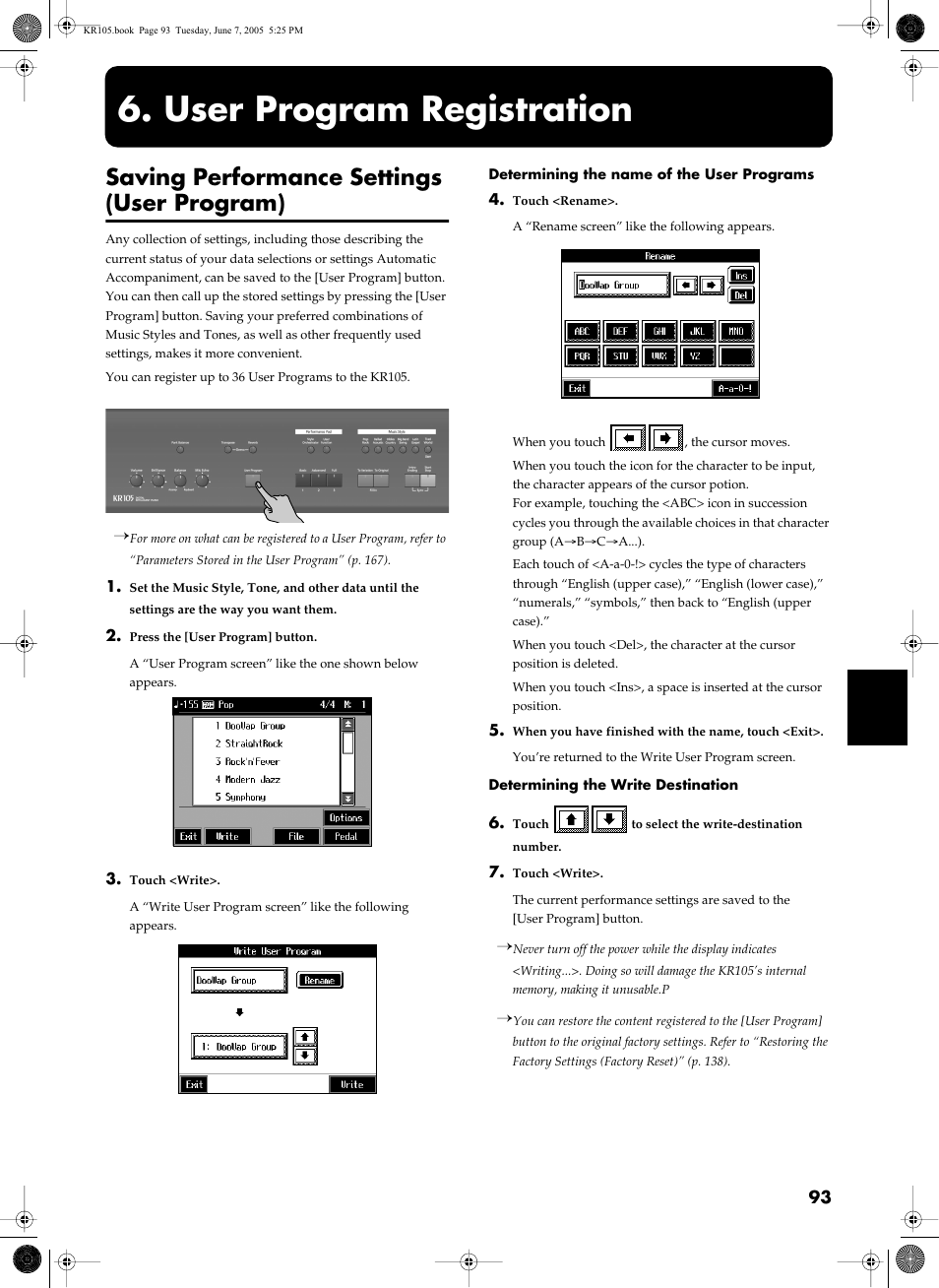 User program registration, Saving performance settings (user program) | Roland KR105 User Manual | Page 93 / 176