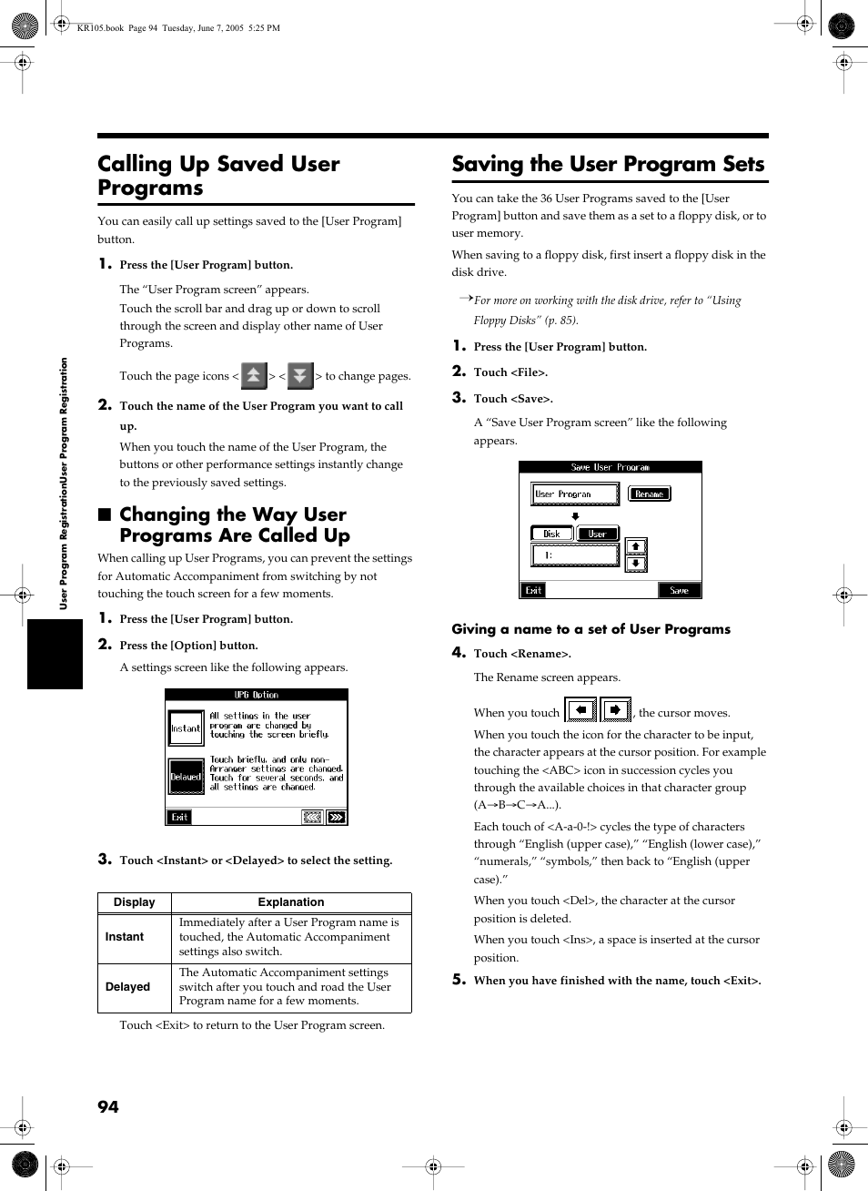 Calling up saved user programs, Changing the way user programs are called up, Saving the user program sets | Roland KR105 User Manual | Page 94 / 176